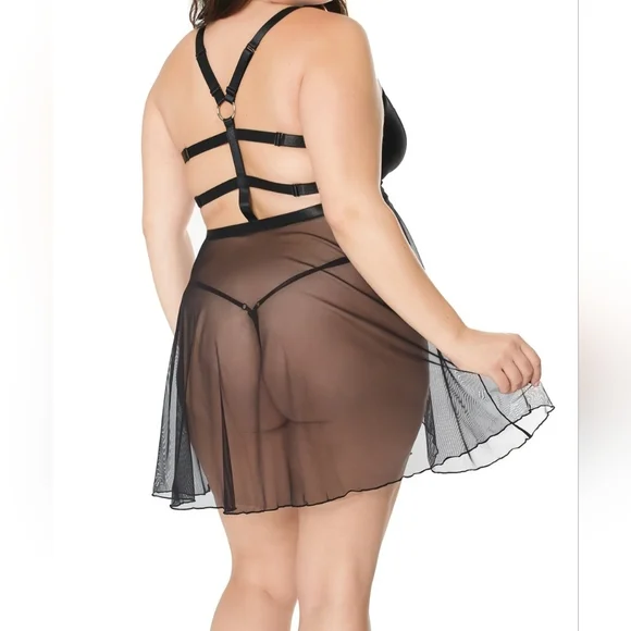 Coquette ~ Peep Show Babydoll ~ Black Gothic O-Ring Strappy Cage Lingerie - Picture 5 of 16